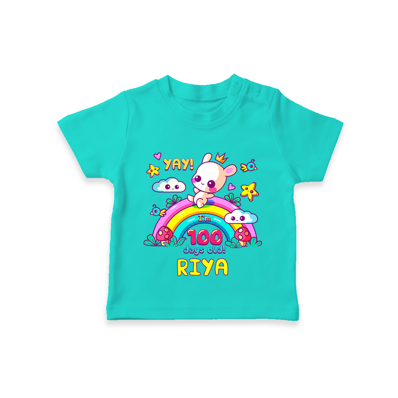 Celebrate your Little One's 100 days Birthday with "Yay I'm 100 Days Old" Themed Personalized T-shirt - TEAL - 0 - 5 Months Old (Chest 17")