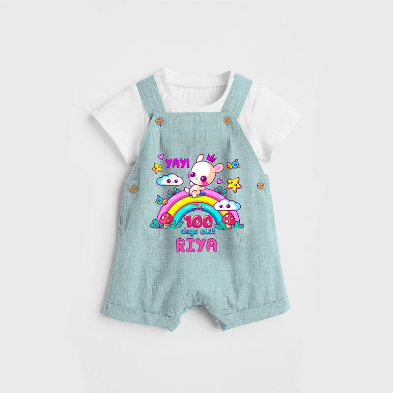 Celebrate your Little One's 100 days Birthday with "Yay I'm 100 Days Old" Themed Personalized Dungaree set - ARCTIC BLUE - 0 - 5 Months Old (Chest 17")