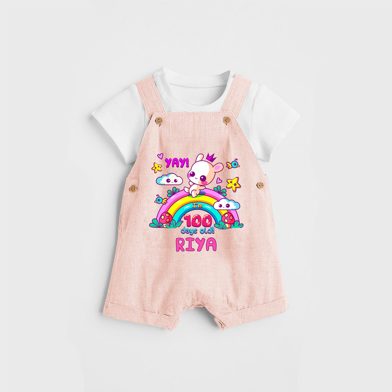 Celebrate your Little One's 100 days Birthday with "Yay I'm 100 Days Old" Themed Personalized Dungaree set - PEACH - 0 - 5 Months Old (Chest 17")