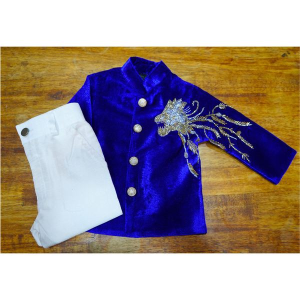 Prince Sapphire Velvet Ethnic Set with Lion Embroidery