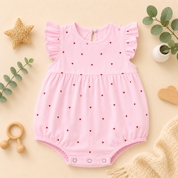 Sweetheart Print Ruffle-Sleeve Baby Romper Frock