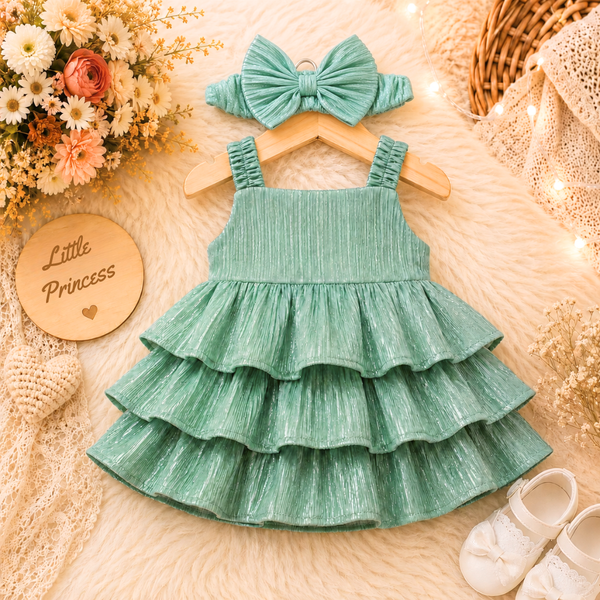 Mint Green Premium Glitter Tiered Ruffle Party Dress with Matching Hair Bow