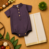 Wine Checks Baby Ethnic Romper with Kasavu Dhoti