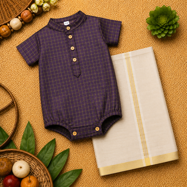 Wine Checks Baby Ethnic Romper with Kasavu Dhoti
