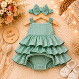 Mint Green Premium Glitter Tiered Ruffle Party Dress with Matching Hair Bow