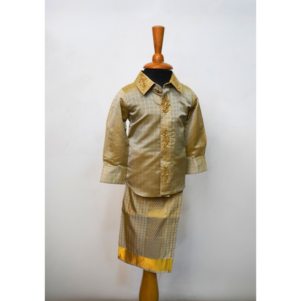 Elegant Gold Embroidered Shirt with Dhoti Set