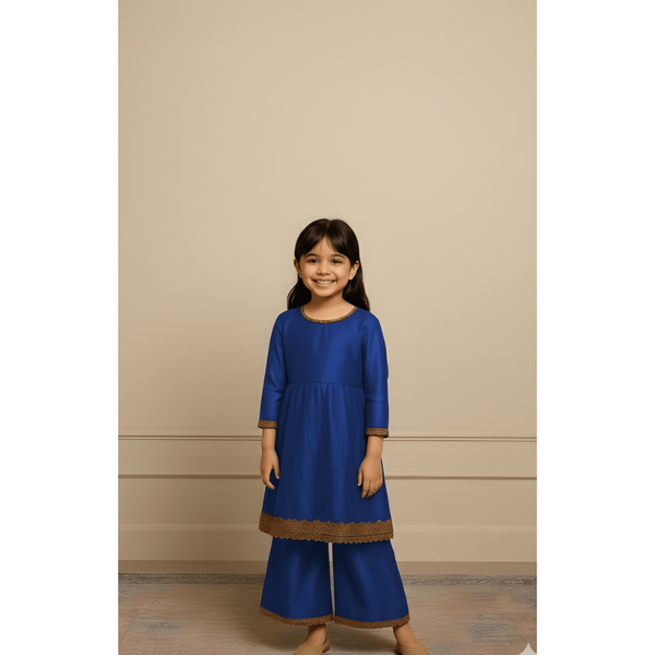 HERITAGE RAW SILK_BLUE_GIRL KID SET
