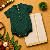 Emerald Green Checks Baby Ethnic Romper with Kasavu Dhoti