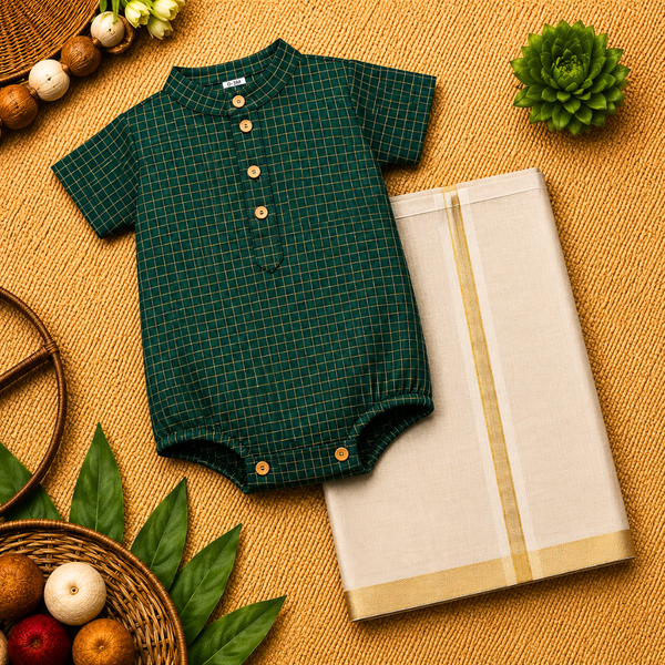 Emerald Green Checks Baby Ethnic Romper with Kasavu Dhoti