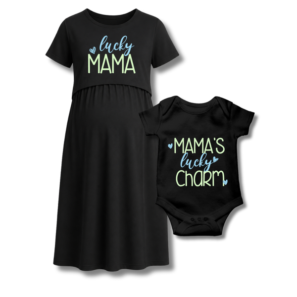 “Lucky Mama & Mini Charm Matching Maternity & Baby Outfit Set"
