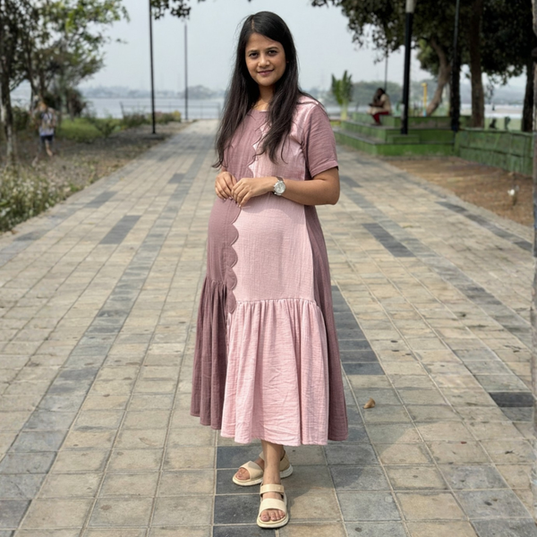Dusty Pink Maternity A-Line Dress – Cotton Feeding-Friendly Dress