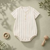 Pastel Striped Round-Neck Baby Button Romper