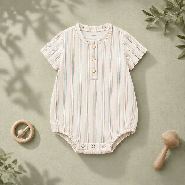 Pastel Striped Round-Neck Baby Button Romper