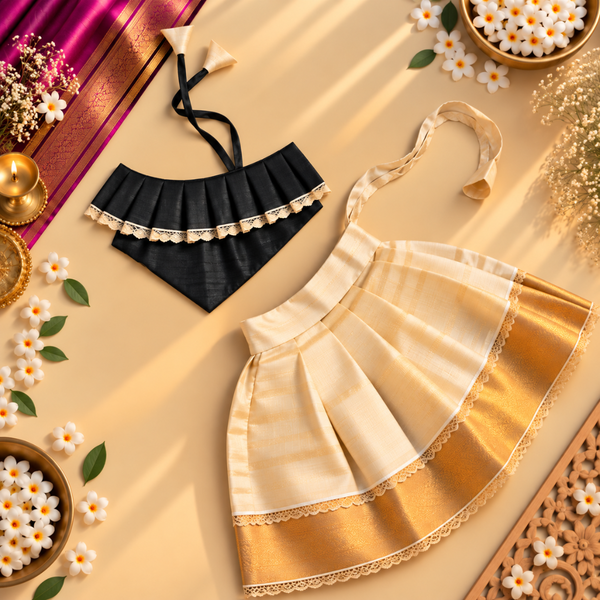 Black One-Shoulder Top with Kasavu Romper Skirt