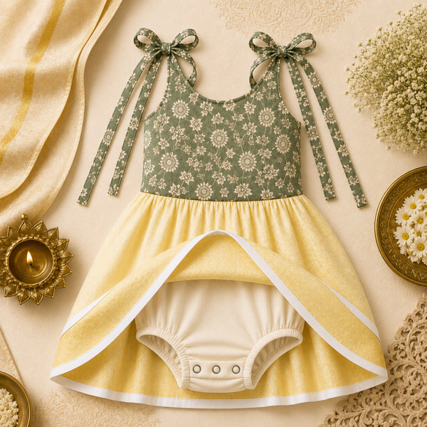 Sage Blossom Tie-Shoulder Baby Frock