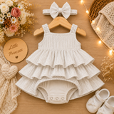 White Premium Glitter Tiered Ruffle Party Dress with Matching Hair Bow