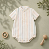 Pastel Striped Mandarin-Collar Baby Button Romper