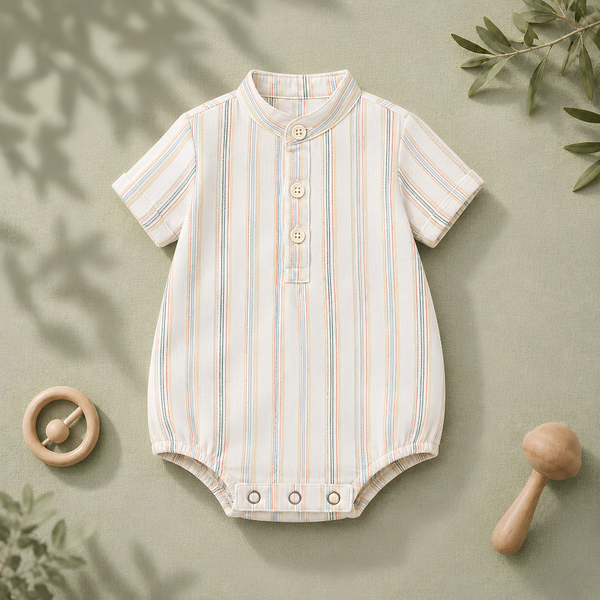 Pastel Striped Mandarin-Collar Baby Button Romper
