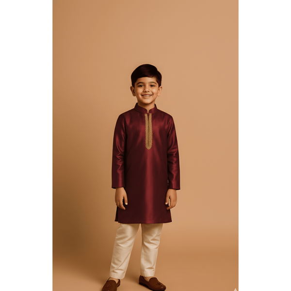 REGAL RAW SILK_MAROON_BOY KID SET