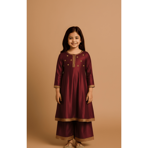 REGAL RAW SILK_MAROON_GIRL KID SET
