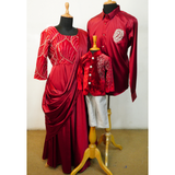 Royal Crimson Family Matching Outfit Set with Lion Embroidery-Dad,Mom and Son.