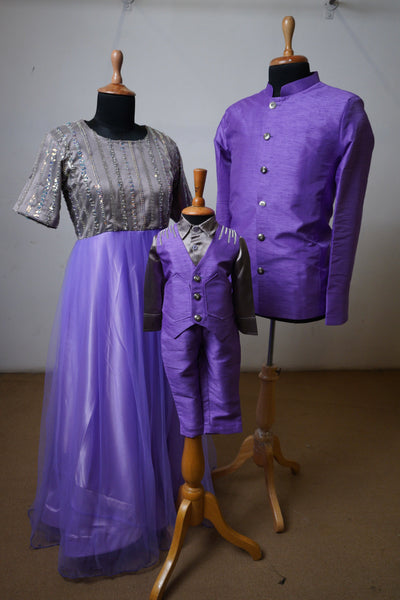 Family matching outfit set in lavender with sequin embellishments for mom, kurta for dad, and formal set for boy