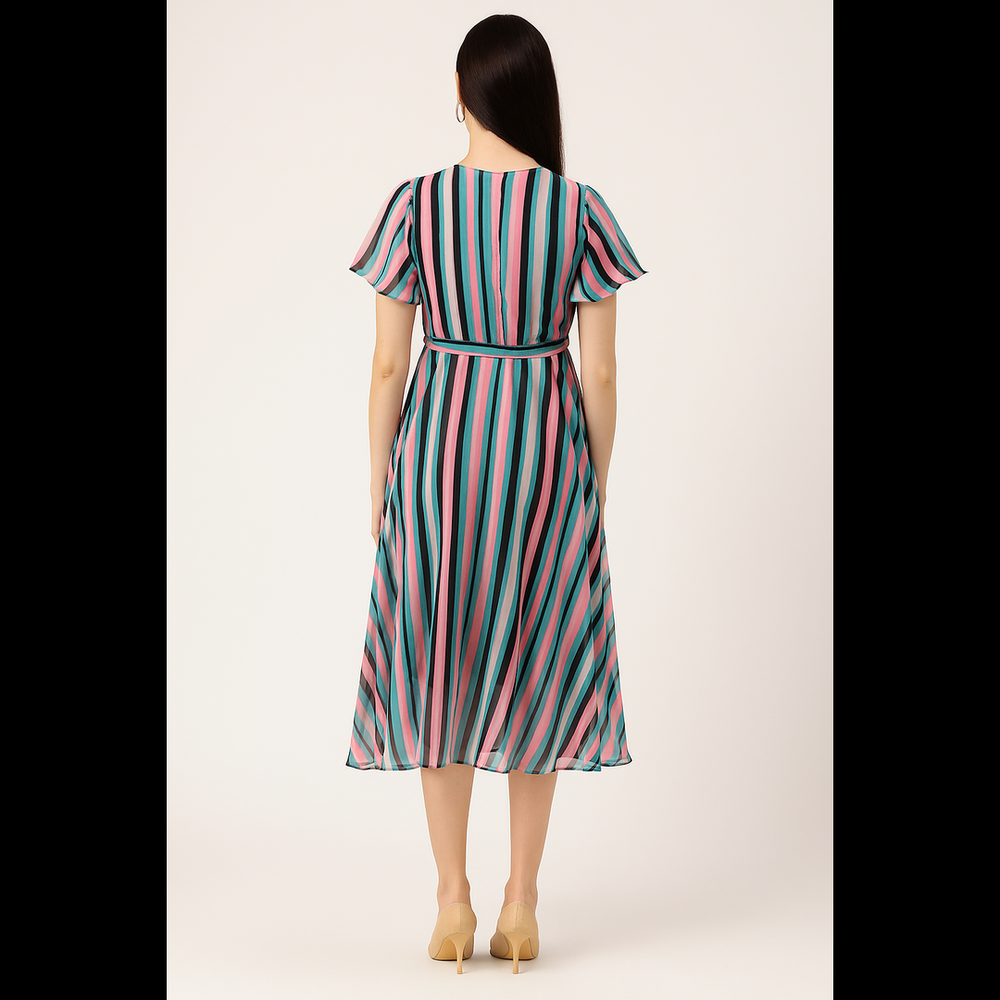 Striped V-Neck Wrap Dress – Teal Pink Mix