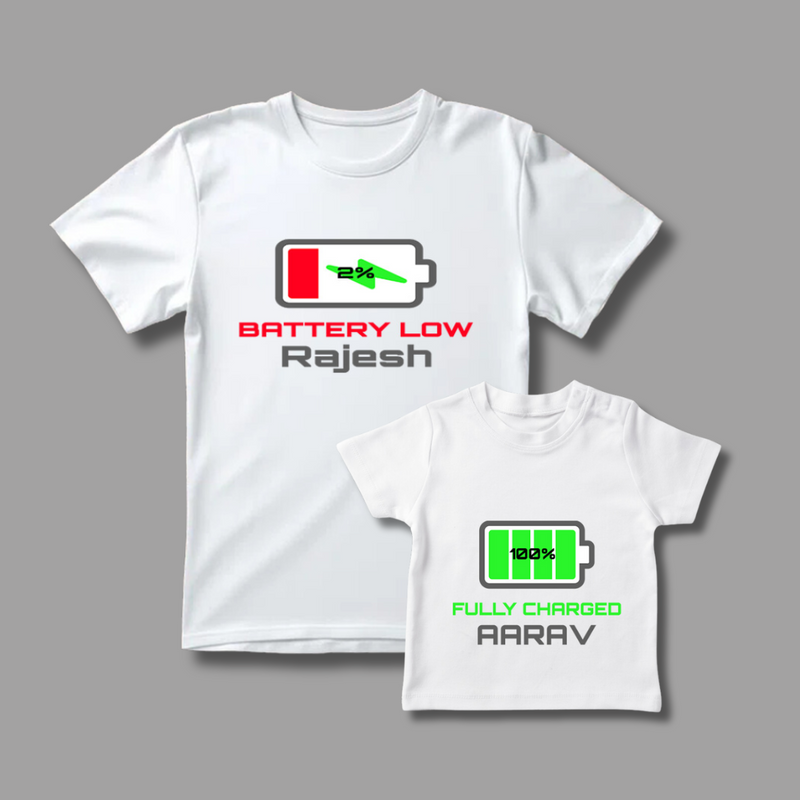 Celebrate the Fathers' day with "Battery Low & Fully Charged" White Colored Combo T-shirt