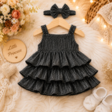 Black Premium Glitter Tiered Ruffle Party Dress with Matching Hair Bow