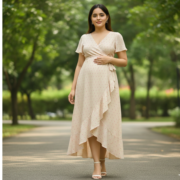 Cream Ikat Soft Cotton Customised Maternity Wear.