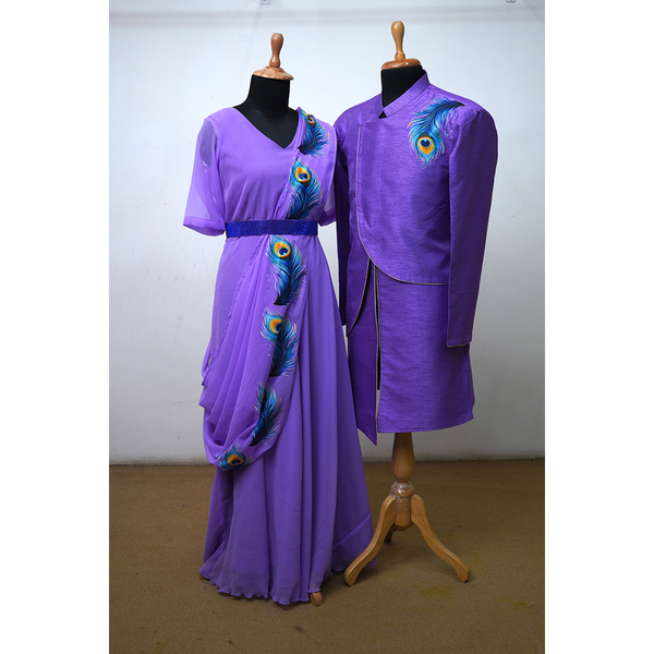 Regal Violet Peacock Feather Themed Couple Ethnic Wear Set - Violet saree gown with peacock embroidery and matching asymmetric sherwani