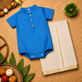 Royal Sky Blue Checks Baby Ethnic Romper with Kasavu Dhoti