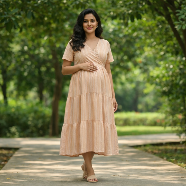 Peach Meadow Stripes Cotton Customised Maternity Wear.
