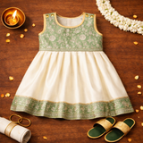 Elegant Sage Green & Cream Baby Ethnic Frock – Classic Festive Silk Outfit for Babies