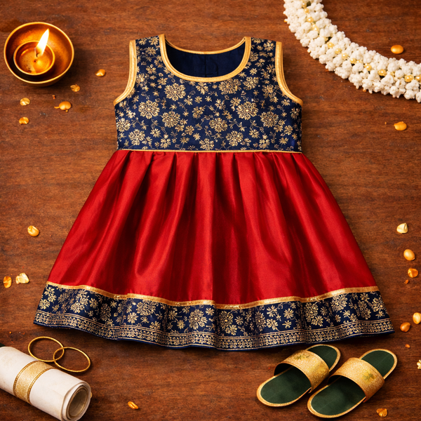 Royal Navy Blue & Crimson Red Baby Ethnic Frock – Traditional Festive Outfit for Girls