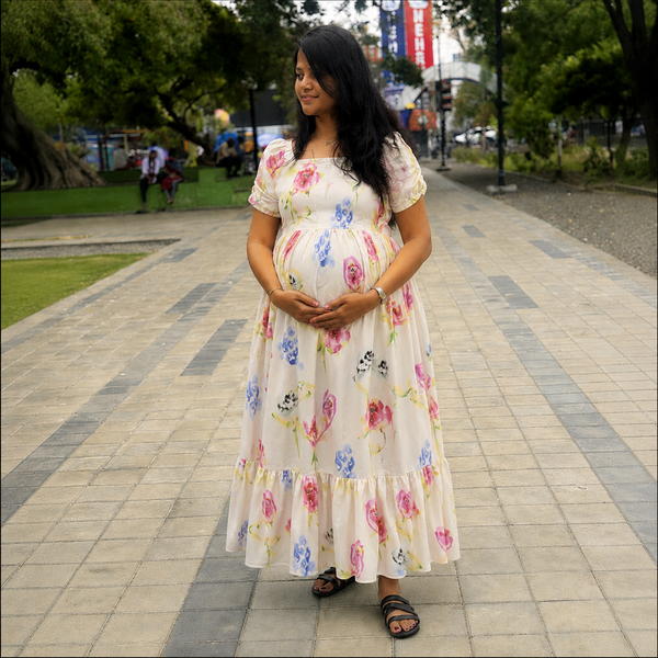 Ivory Watercolor Fruitl Print Maternity Dress – Maxi Dress for Moms-to-Be