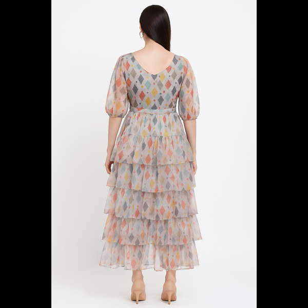 Pastel Diamond Print Tiered Midi Dress