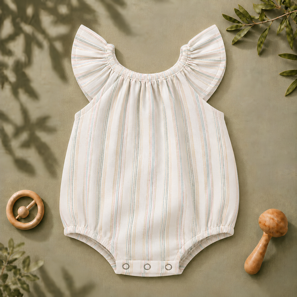 Pastel Striped Flutter-Sleeve Baby Romper