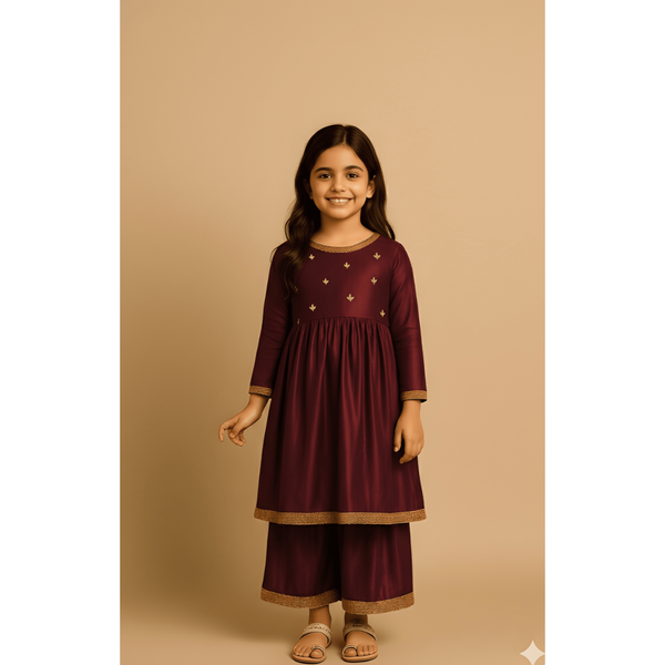 ROYAL HERITAGE RAW SILK_MAROON_GIRL KID SET