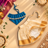 Teal Blue One-Shoulder Top with Kasavu Romper Skirt