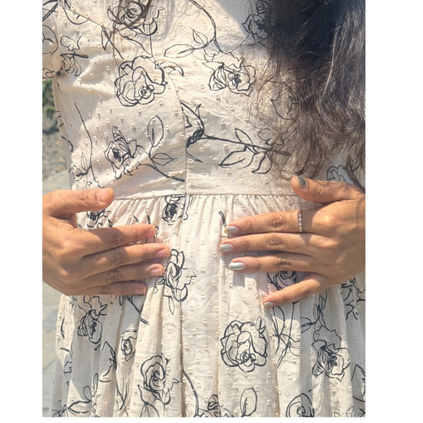 Beige Floral Maternity Tiered Dress – Cotton Feeding-Friendly Dress
