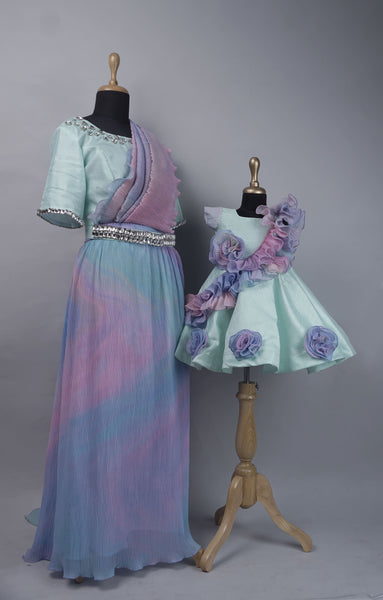 Pastel Rainbow Pleated Mom and Baby Girl Matching Outfit Set – Saree Gown and Frock with Floral Details