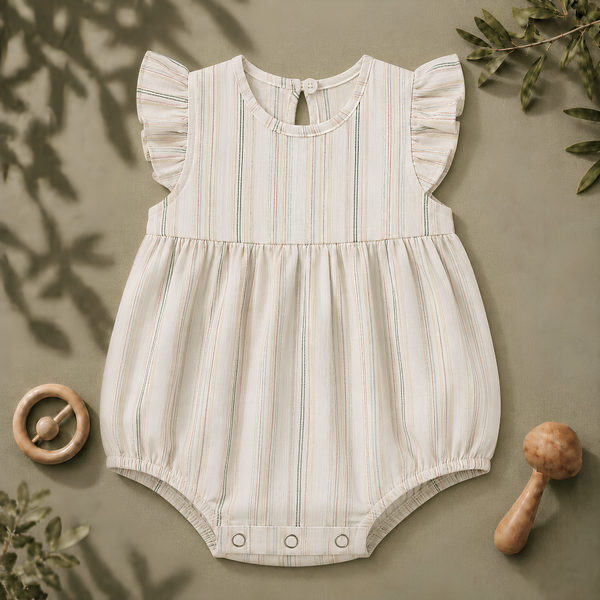 Pastel Striped Ruffle-Sleeve Baby Romper Frock