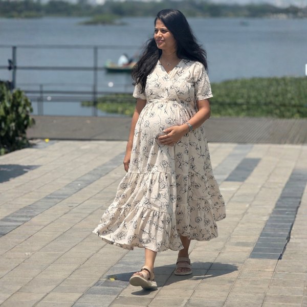 Beige Floral Maternity Tiered Dress – Cotton Feeding-Friendly Dress