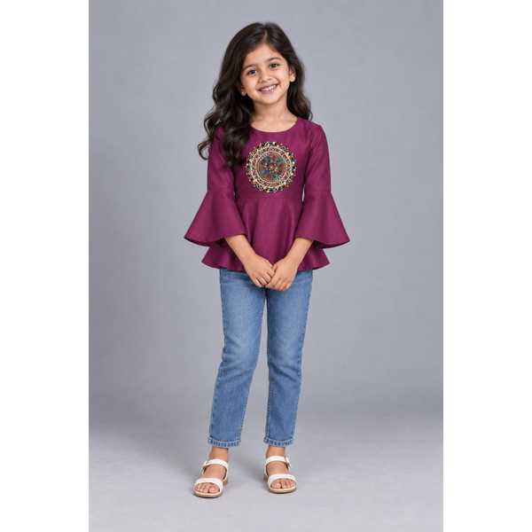 Navaratri Mandala Raw Silk - Girl Kid Flared Tops