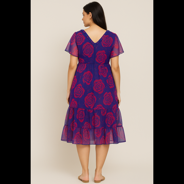Midnight Bloom Rose-Print Georgette Midi Dress – V-Back Design