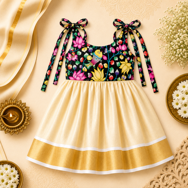 Lotus print Tie-Shoulder Baby Frock