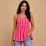 Rose Blush Striped Sleeveless Peplum TopFor Women