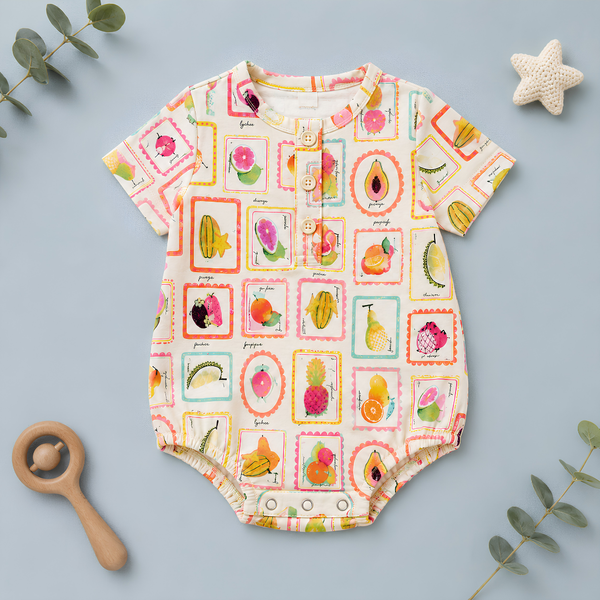 Tropical Fruit Print Round-Neck Baby Button Romper