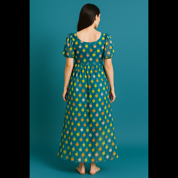 Teal Floral Puff-Sleeve Dress